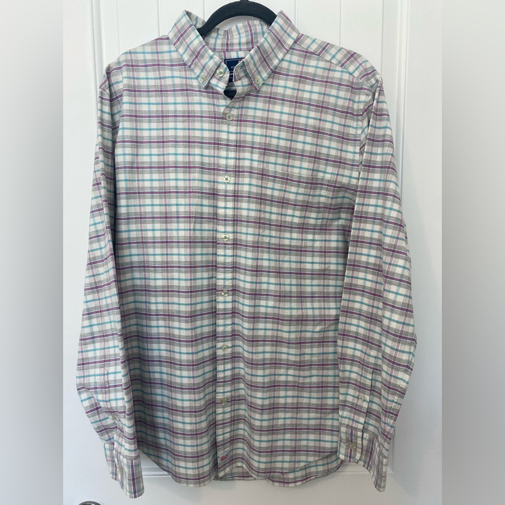 Vineyard Vines Blue Pink Red Plaid Checkered Slim Fit Murray Button Down Shirt
